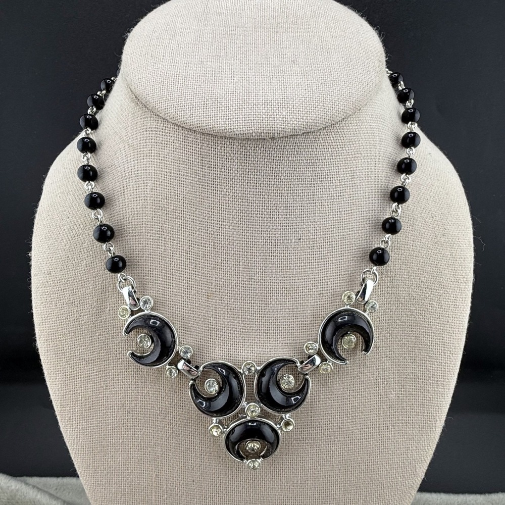 Vintage Kramer Necklace Rhinestone Thermoset Black‎ Enamel Beaded 16"